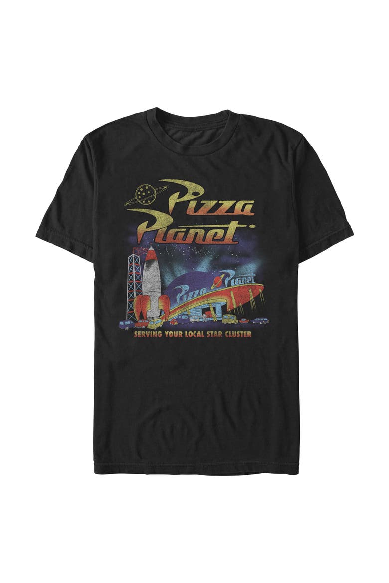 Mens Toy Story Distressed Pizza Planet Star Cluster T Shirt, Alternate, color, Black
