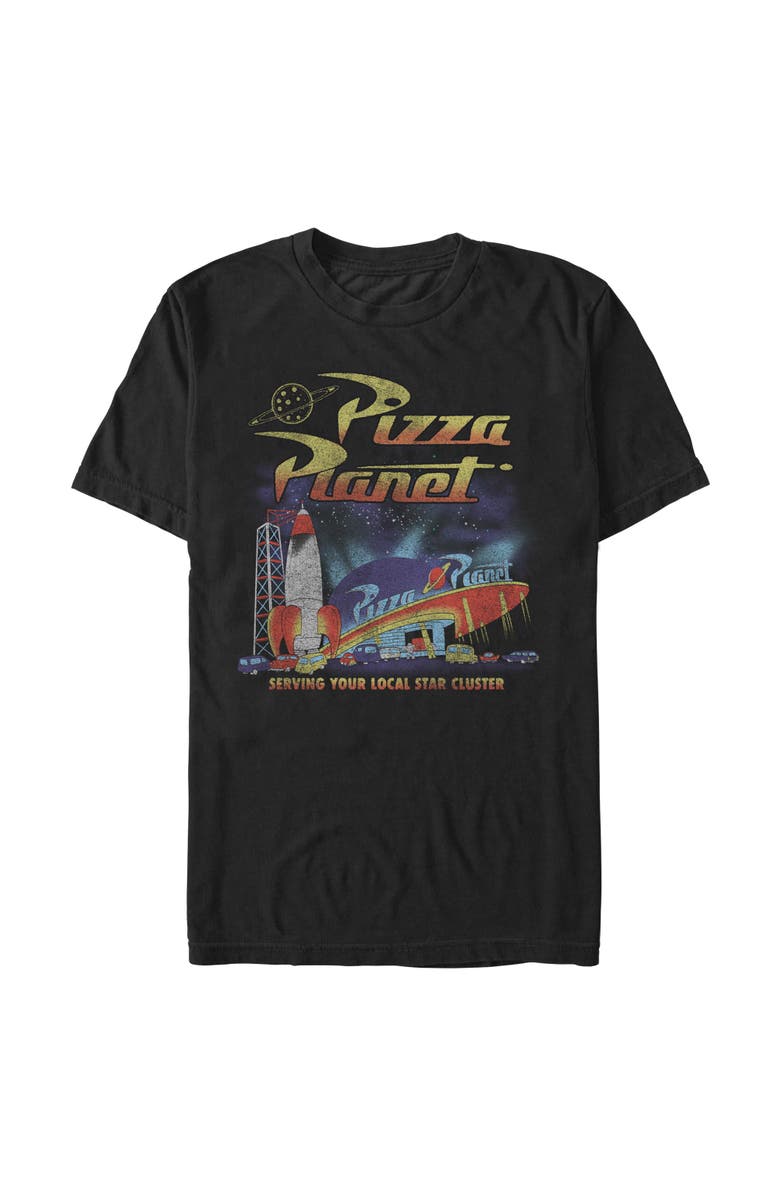 Toy Story Men's Toy Story Distressed Pizza Planet Star Cluster Graphic T-Shirt, Alternate, color, Black