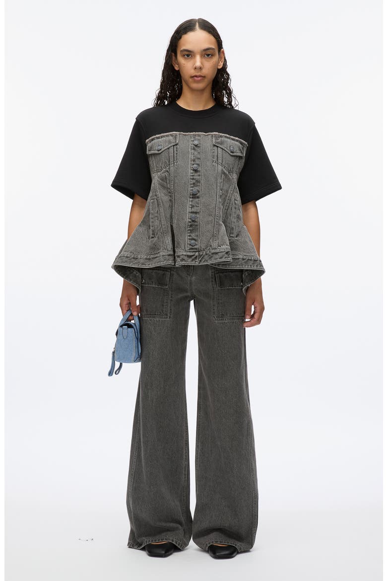 Flounce Hybrid Denim Top, Alternate, color, WASHED GREY-BLACK