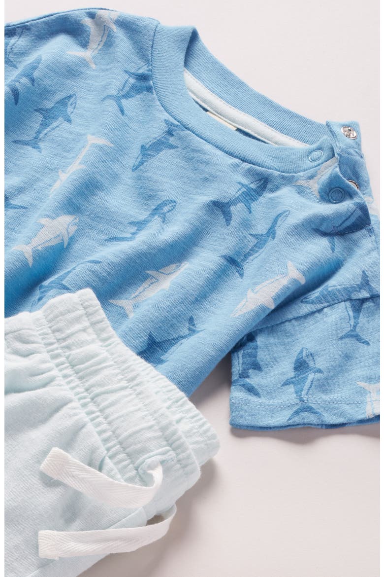 Print Cotton T-Shirt & Shorts Set, Alternate, color, BLUE HERITAGE SHARKS- BLUE