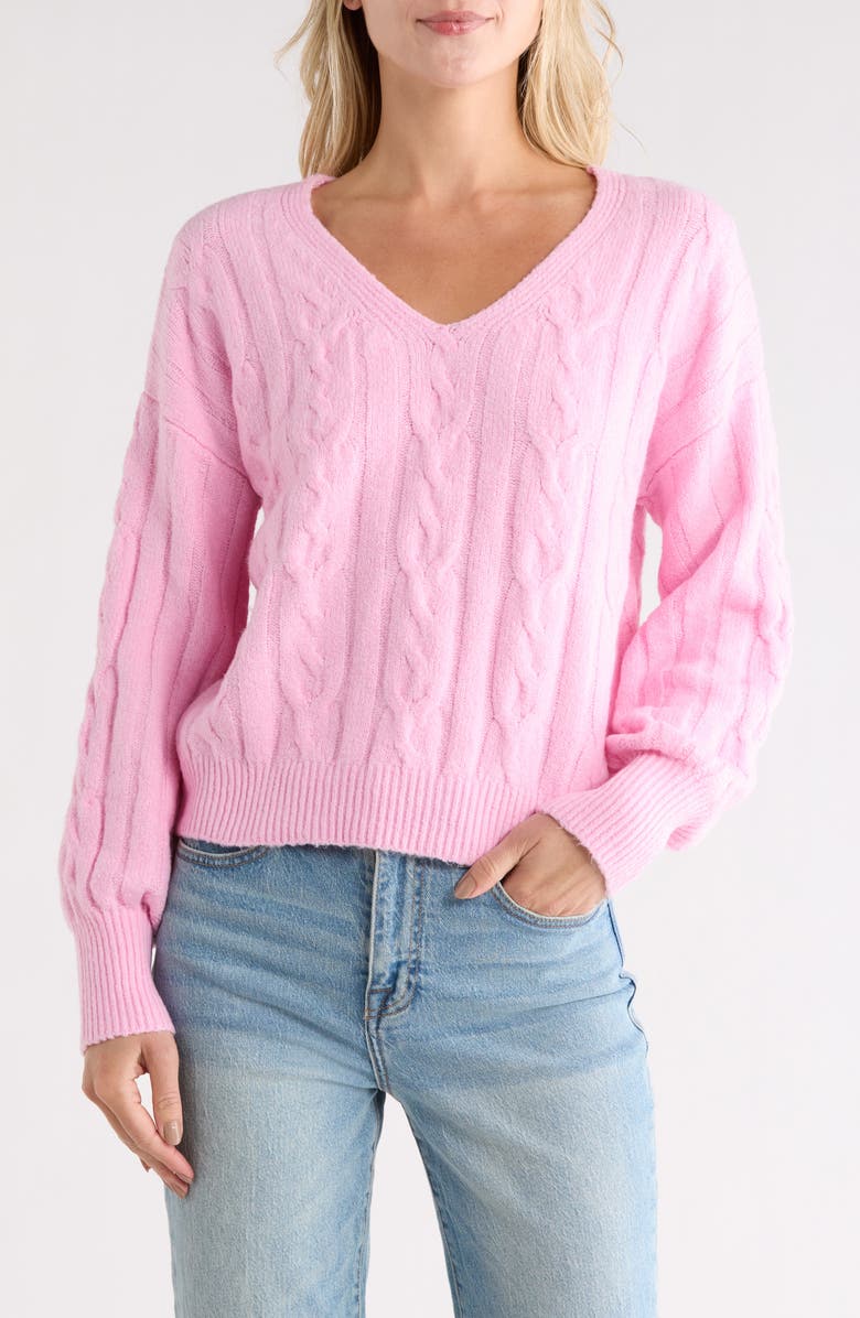 Madden Girl V-Neck Cable Knit Sweater, Main, color, Sweet Lilac