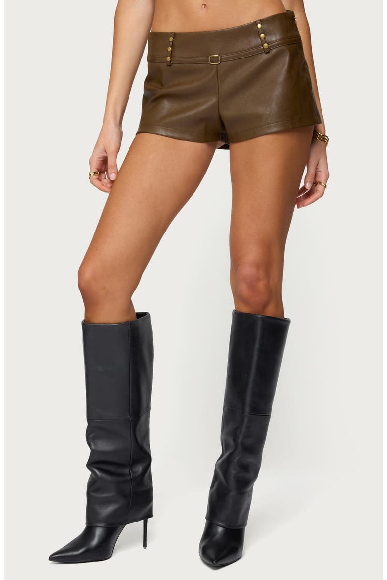 Reese Stud Detail Faux Leather Microshorts, Main, color, BROWN