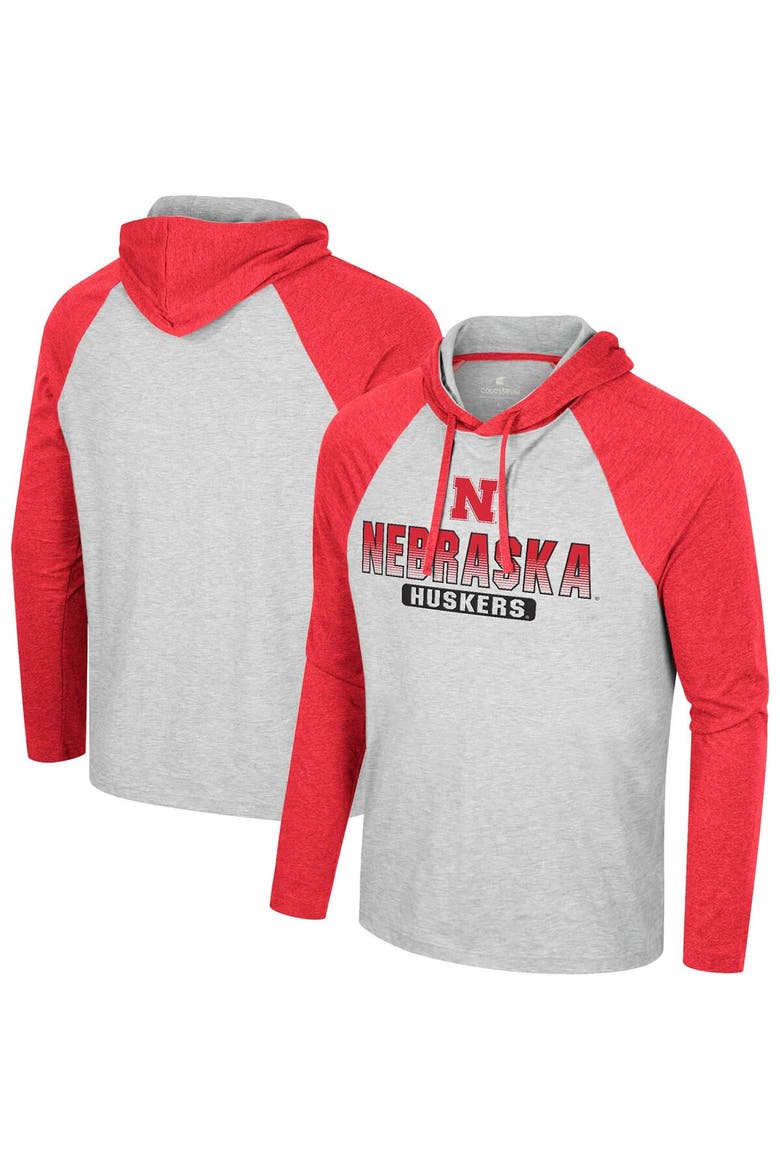 Men's Colosseum  Heather Grey Nebraska Huskers Hasta La Vista Raglan Hoodie Long Sleeve T-Shirt, Main, color, Heather Gray