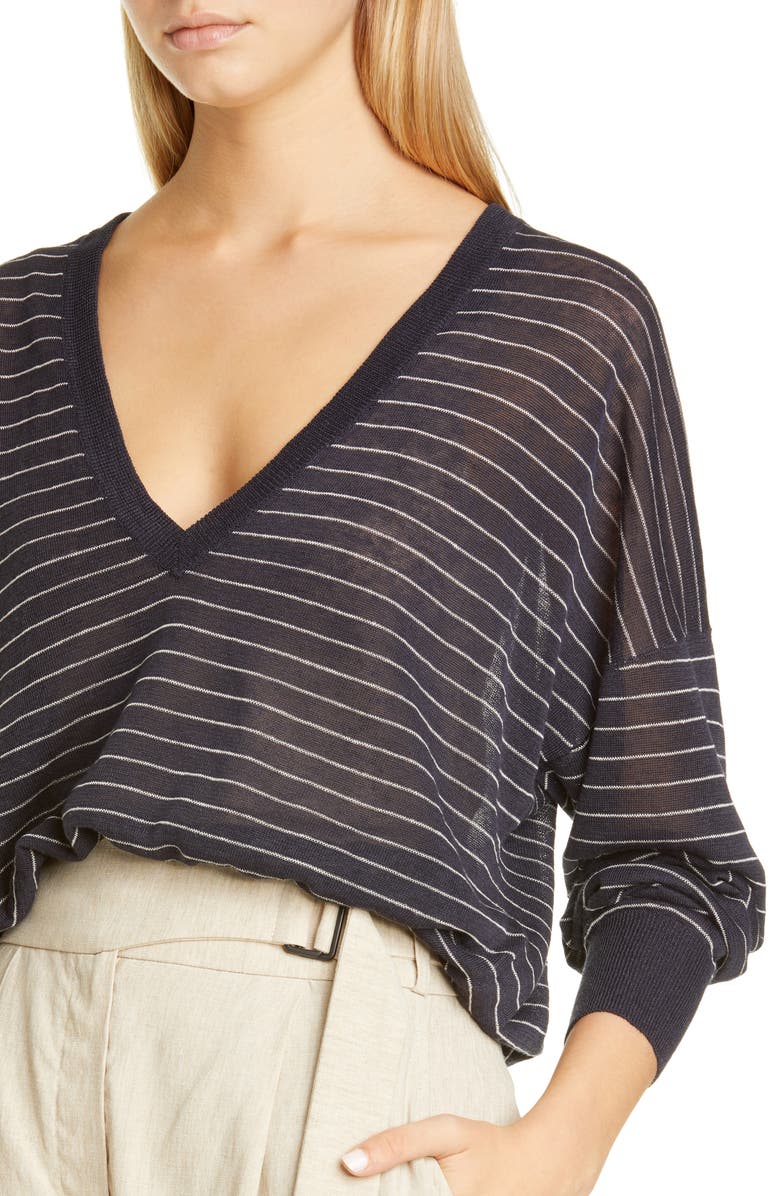 Brunello Cucinelli Stripe Sheer Linen Blend Sweater, Alternate, color, 