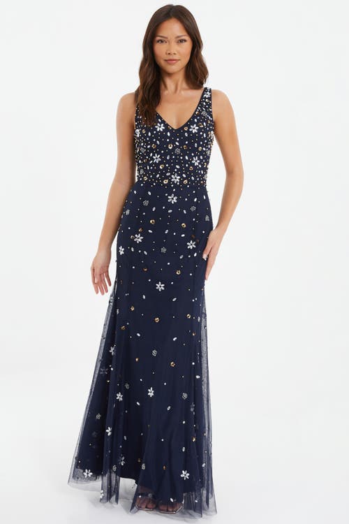 Quiz Beaded 2-in-1 Cape And Evening Dress In Navy