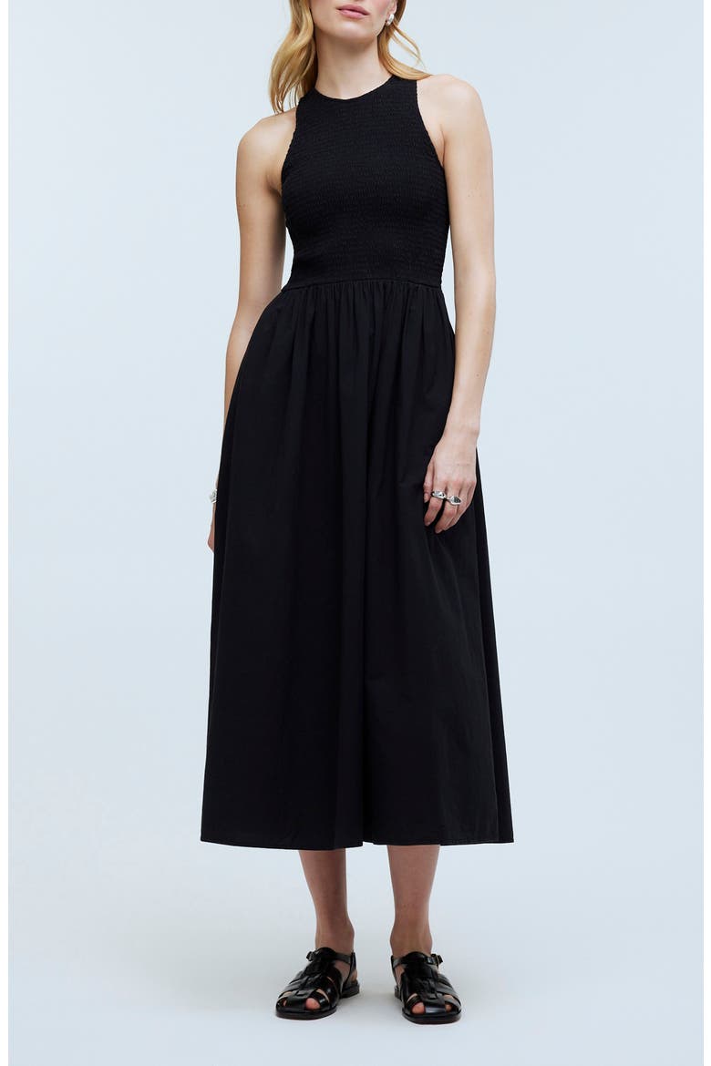 The Melody Smocked Sleeveless Midi Dress, Main, color, TRUE BLACK