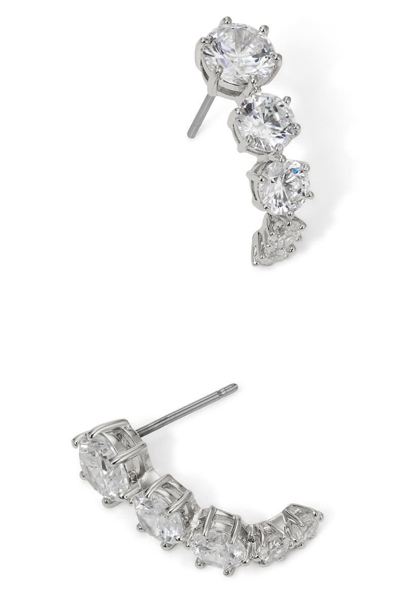 Cubic Zirconia Half Hoop Earrings, Alternate, color, RHODIUM