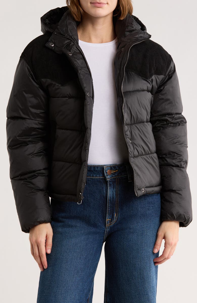 Lucky Brand Corduroy Trim Hooded Crop Puffer Jacket, Alternate, color, Black