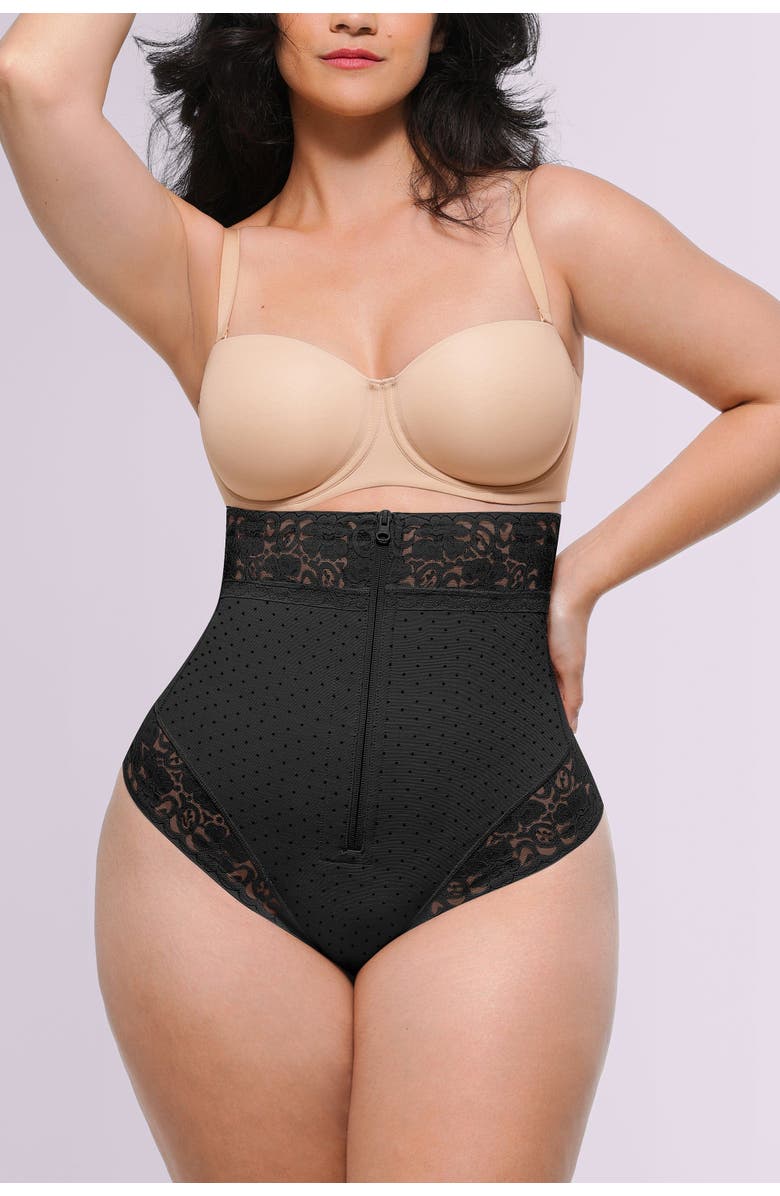 Shapellx AirSlim High-Waisted Polka Dot Shaping Thong, Main, color, Classic Black