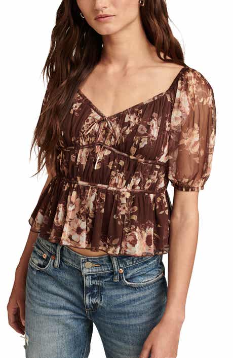 Lucky Brand Print Smocked Mesh Top