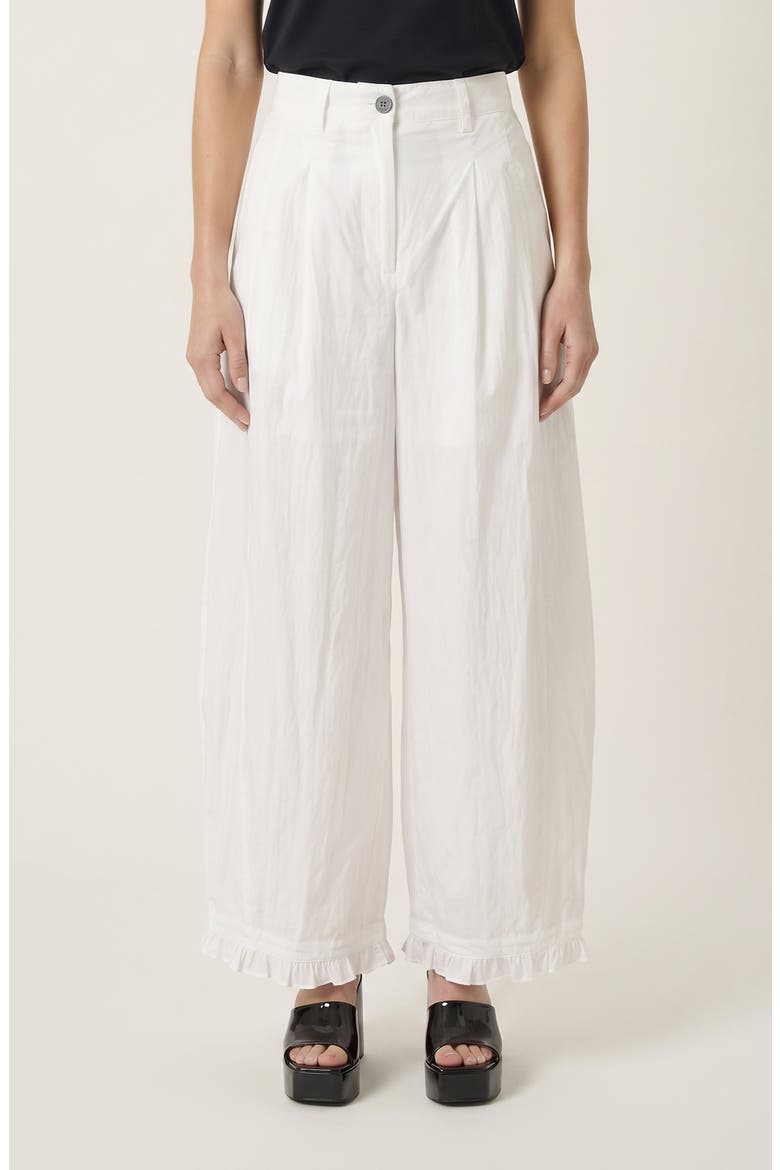 High Waist Wide Leg Pants with Pleats and Ruffle Trim Hems, Alternate, color, White