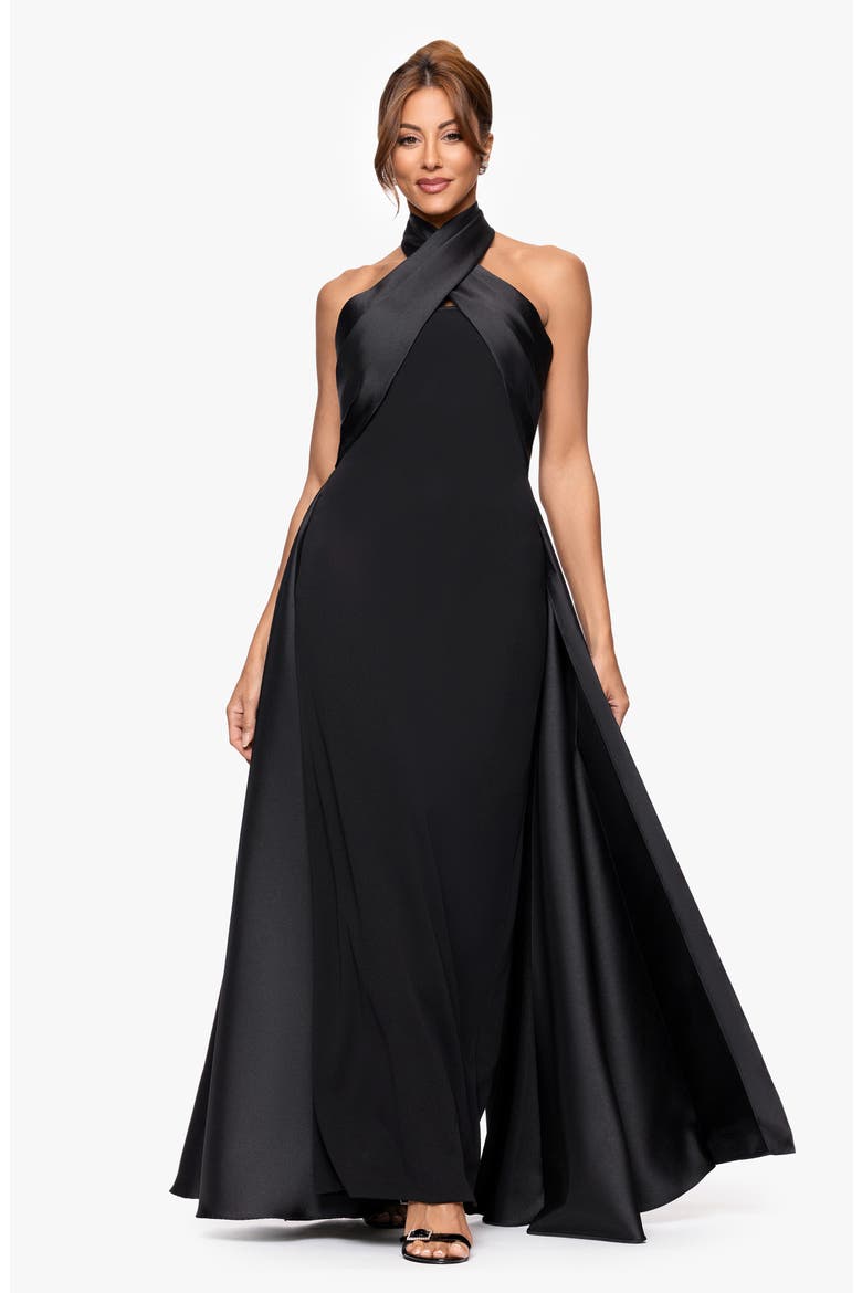 Twist Halter Neck Mikado Scuba Crepe Gown, Alternate, color, BLACK