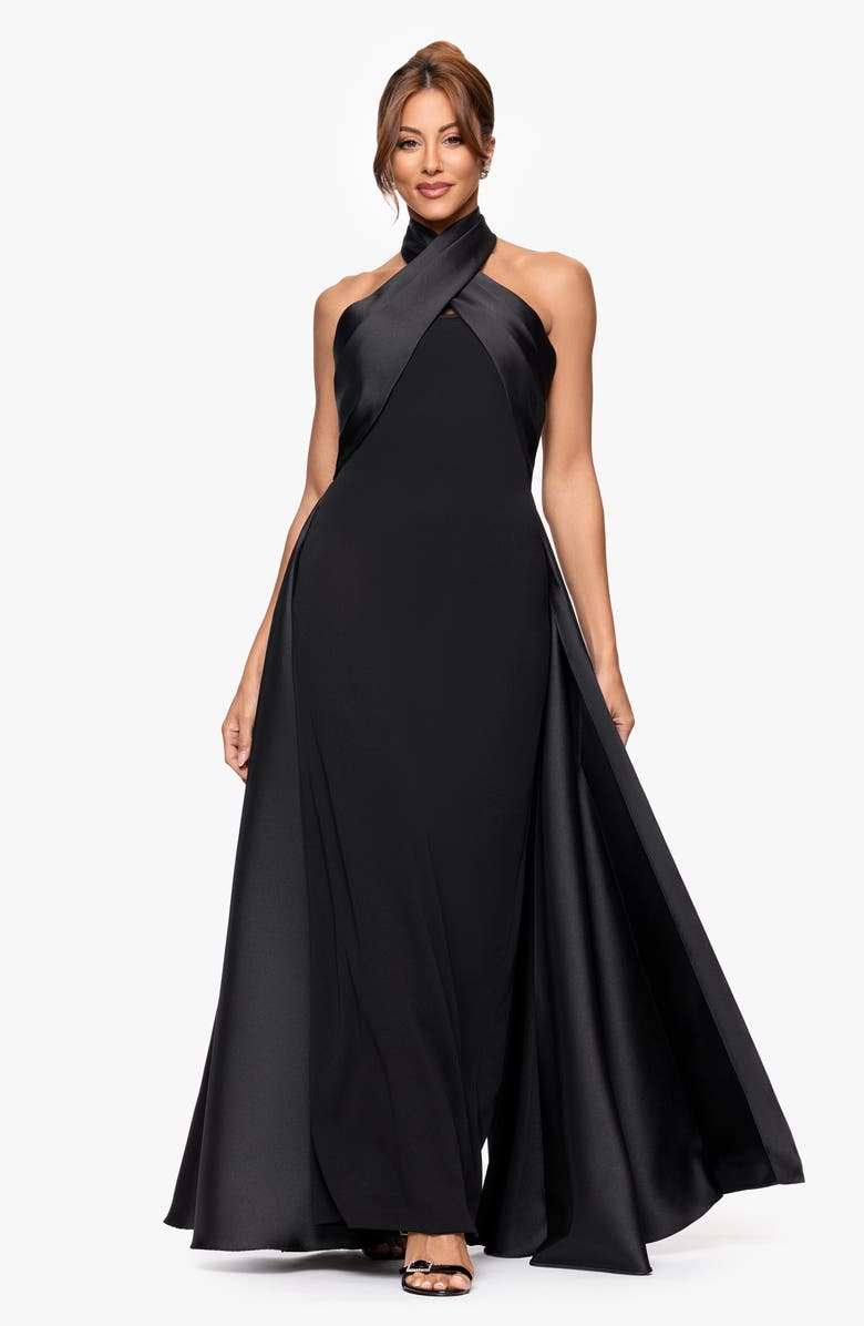 Betsy & Adam Twist Halter Neck Mikado Scuba Crepe Gown, Alternate, color, Black
