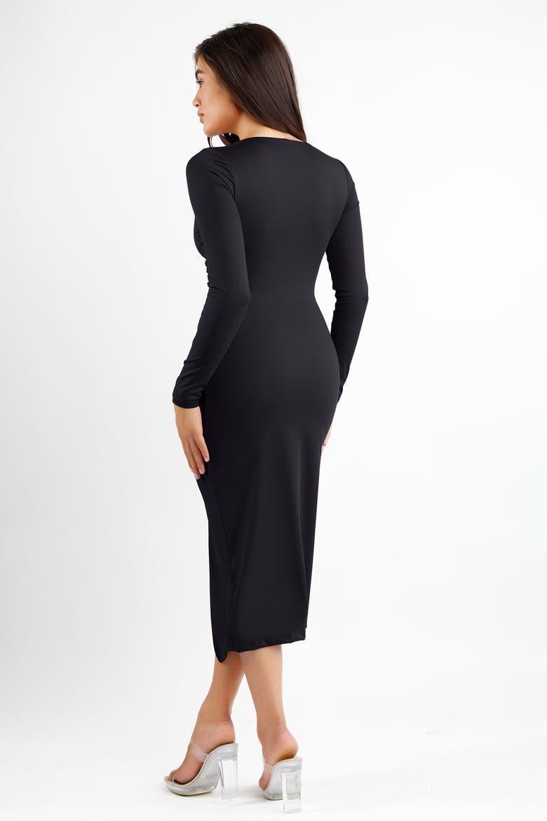 Shapewear Ruched Long Sleeve Faux Wrap Slimming Midi Dress, Alternate, color, Midnight Black