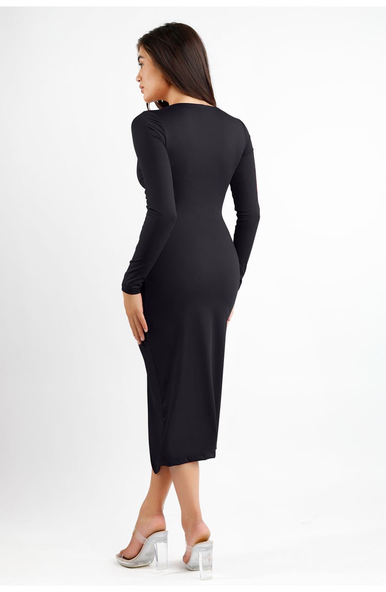 Popilush Shapewear Ruched Long Sleeve Faux Wrap Slimming Midi Dress, Alternate, color, Midnight Black