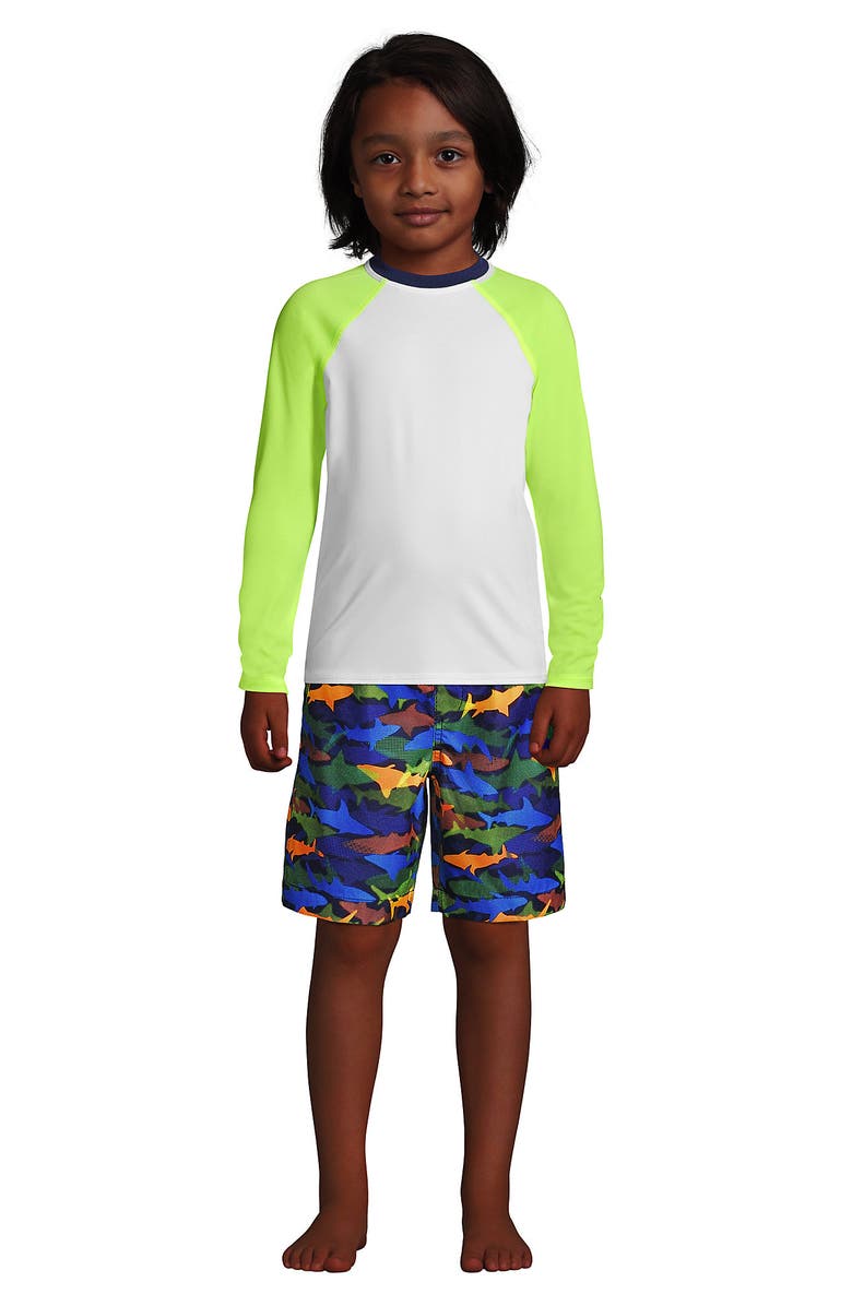 Lands' End Boys Husky Print Swim Trunks, Alternate, color, Navy Multi Sharks