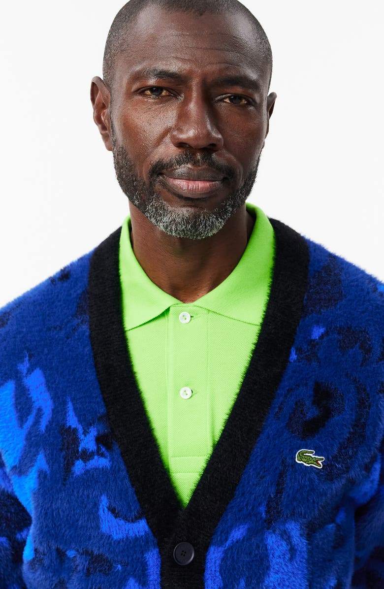 Lacoste Relaxed Fit Intarsia Floral Cardigan, Alternate, color, Globe/ Navy Blue-Lazuli