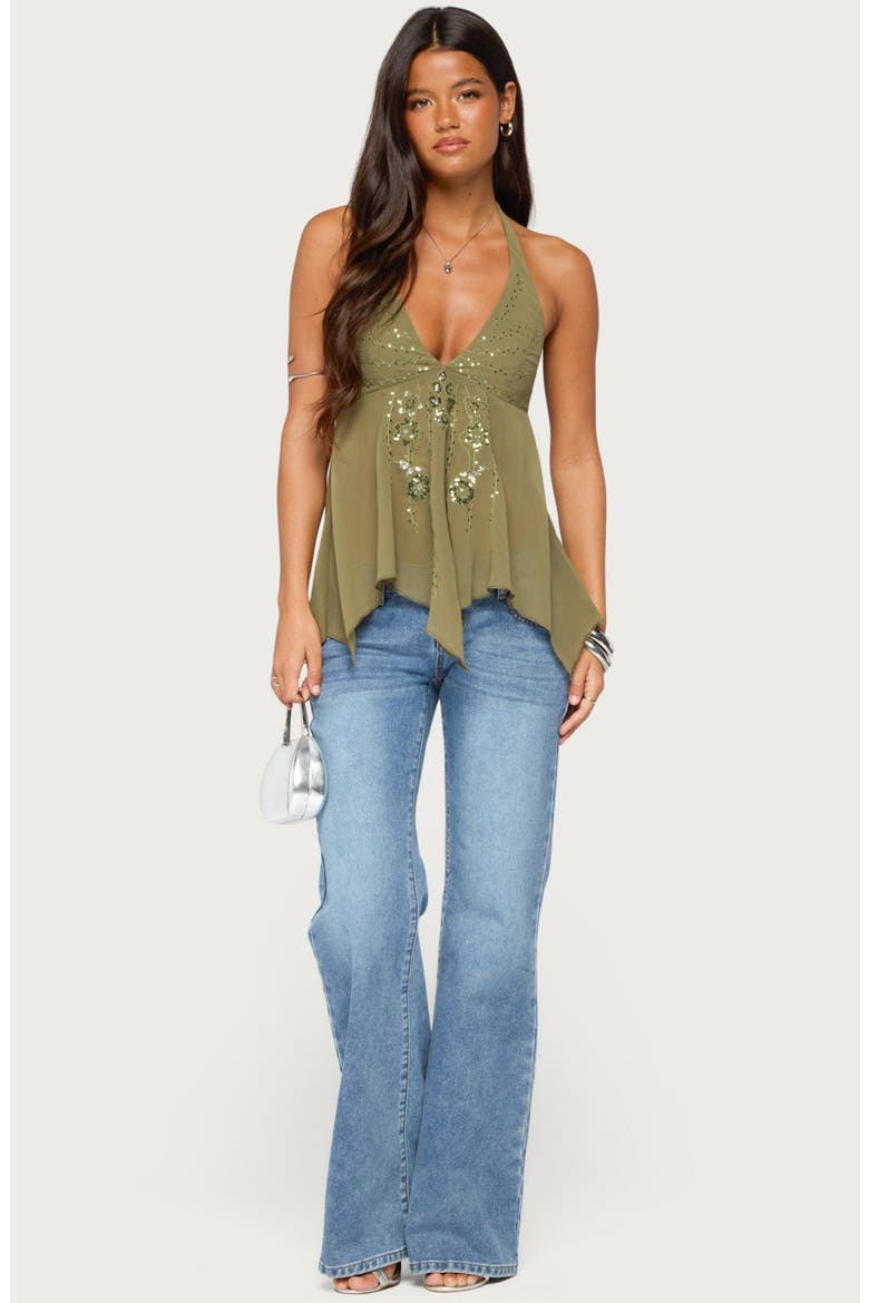 Bodie Sequin Chiffon Handkerchief Top, Alternate, color, OLIVE