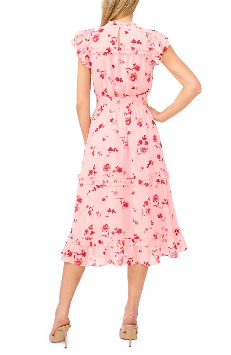 CeCe Floral Print Flutter Sleeve Smocked Midi Dress, Alternate, color, Coral Bloom