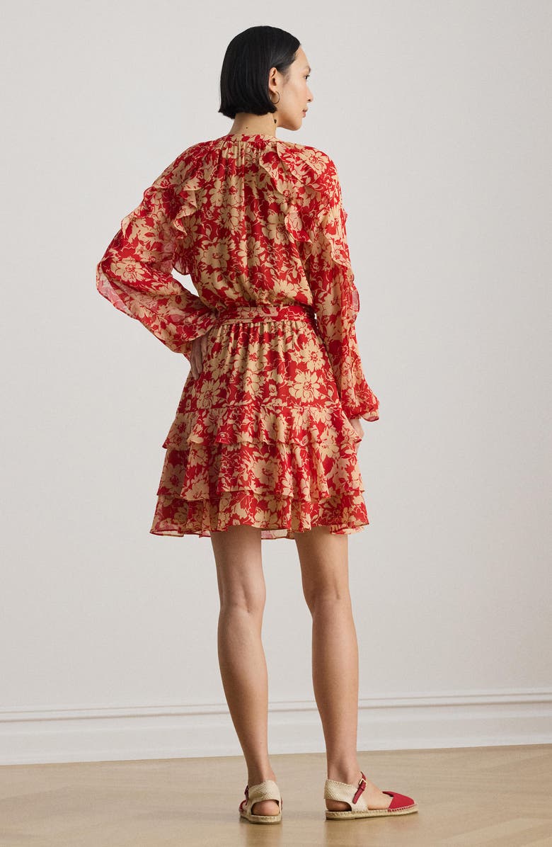 Lauren Ralph Lauren Print Ruffle Trim Georgette Tiered Dress, Alternate, color, Red/ Beige