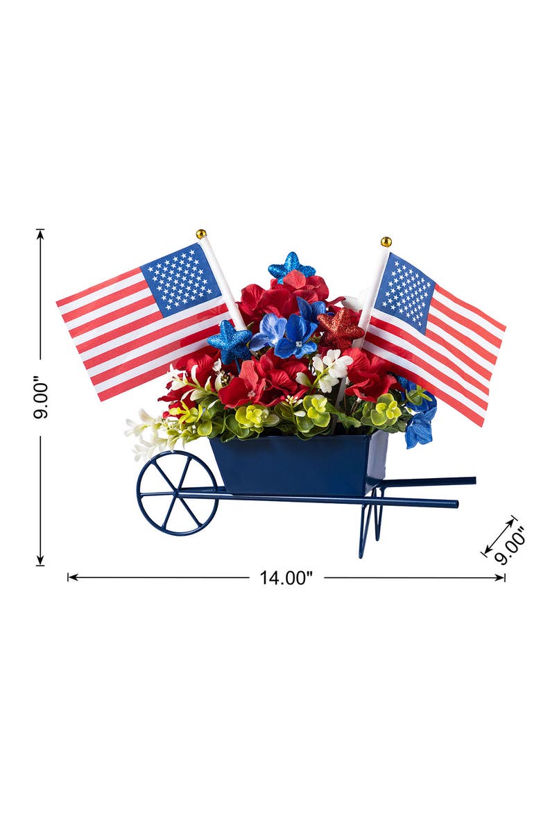 Glitzhome Patriotic Americana Hydrangea Metal Wagon Centerpiece, Alternate, color, Blue