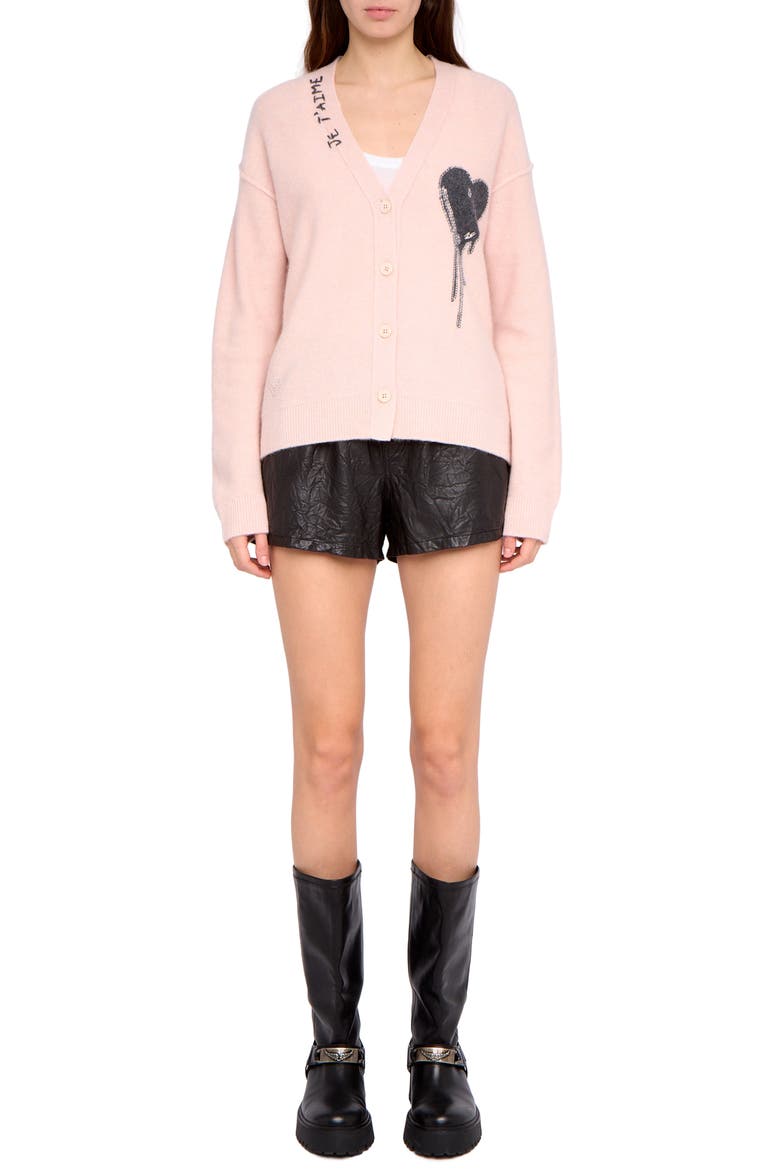 Mikyz Heart Appliqué Cashmere V-Neck Cardigan, Alternate, color, PEARLY