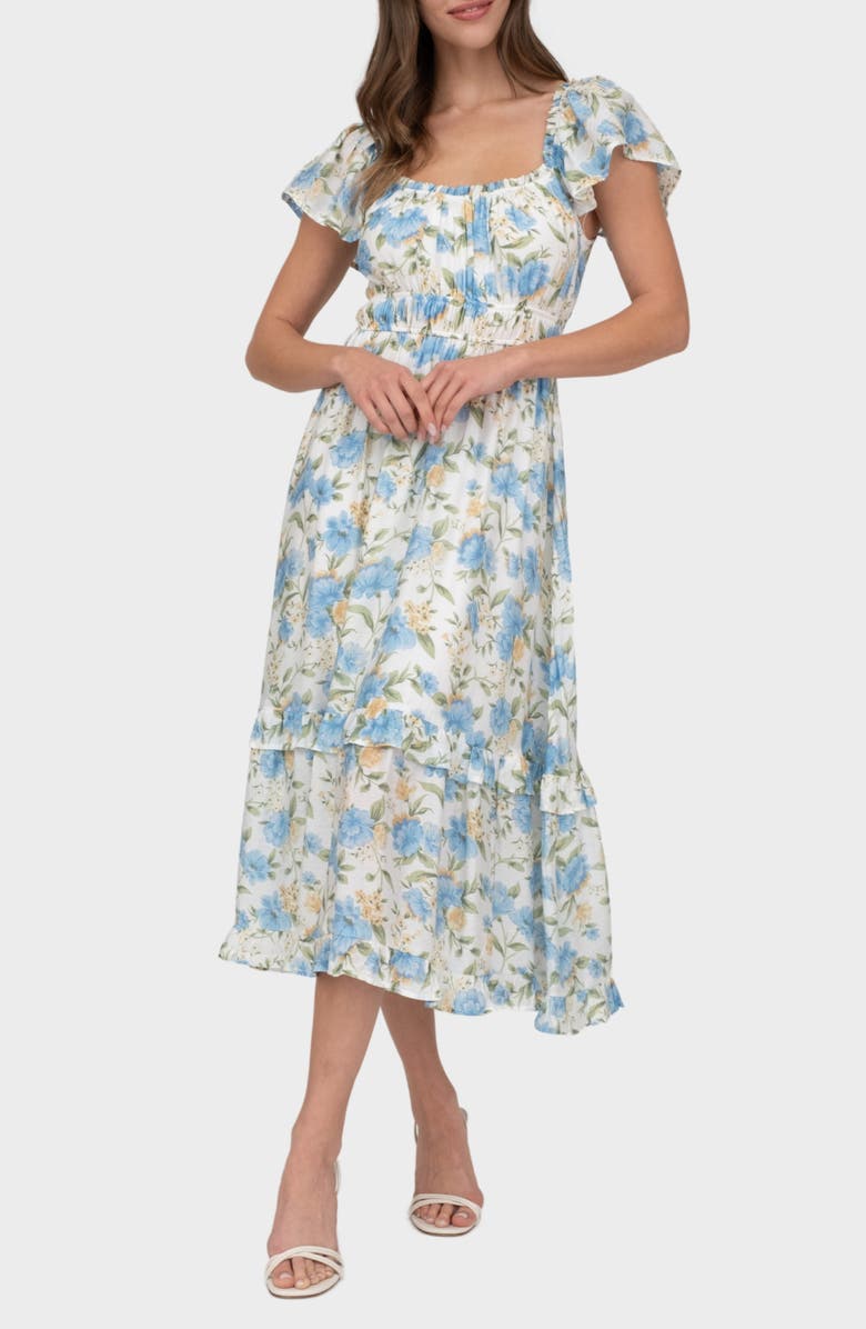 AUGUST SKY Flutter Sleeve Midi Dress, Main, color, Blue Multi