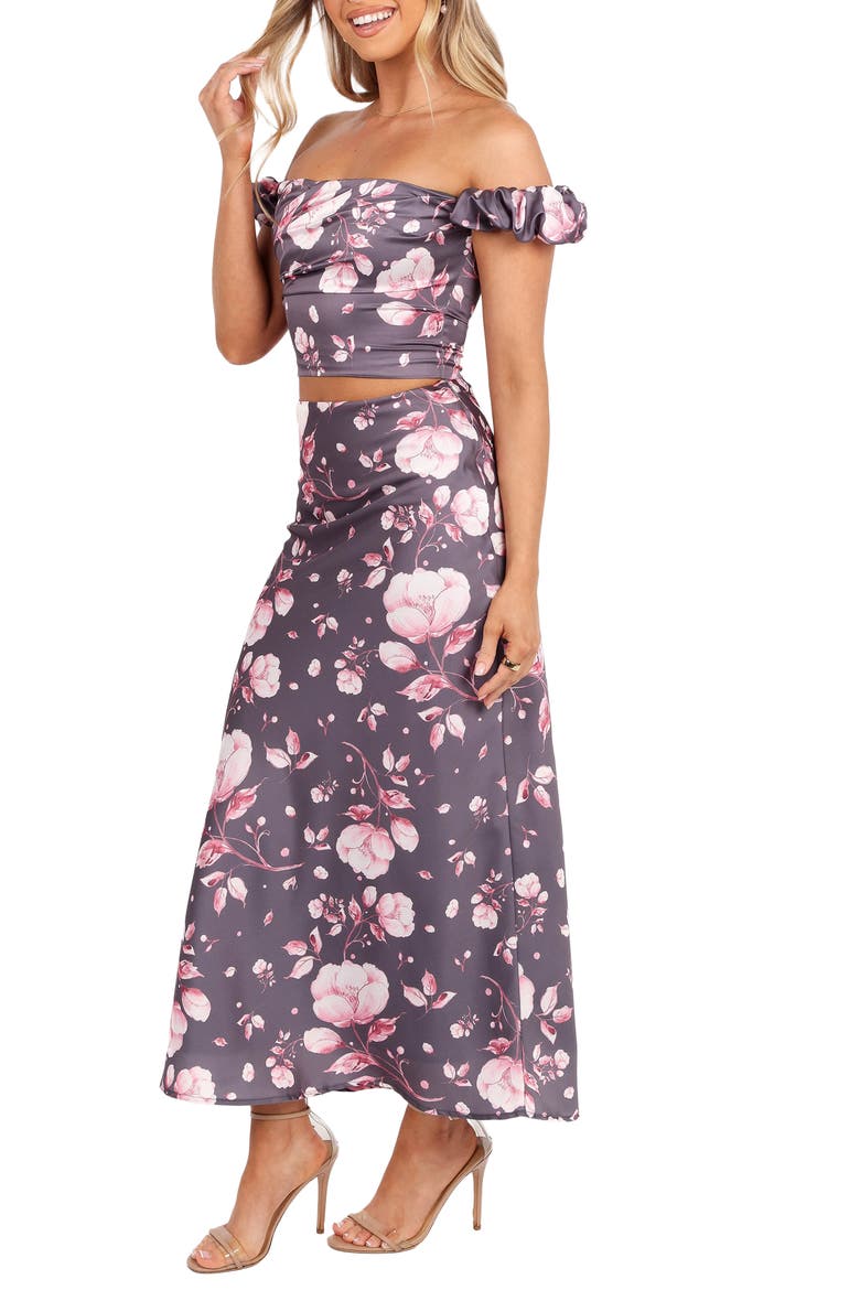Arabella Satin Crop Top & Matching Skirt Set, Alternate, color, STEEL GREY FLORAL