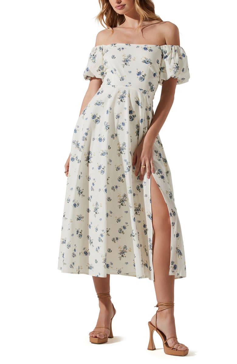 ASTR the Label Off the Shoulder A-Line Dress, Main, color, White Blue Floral