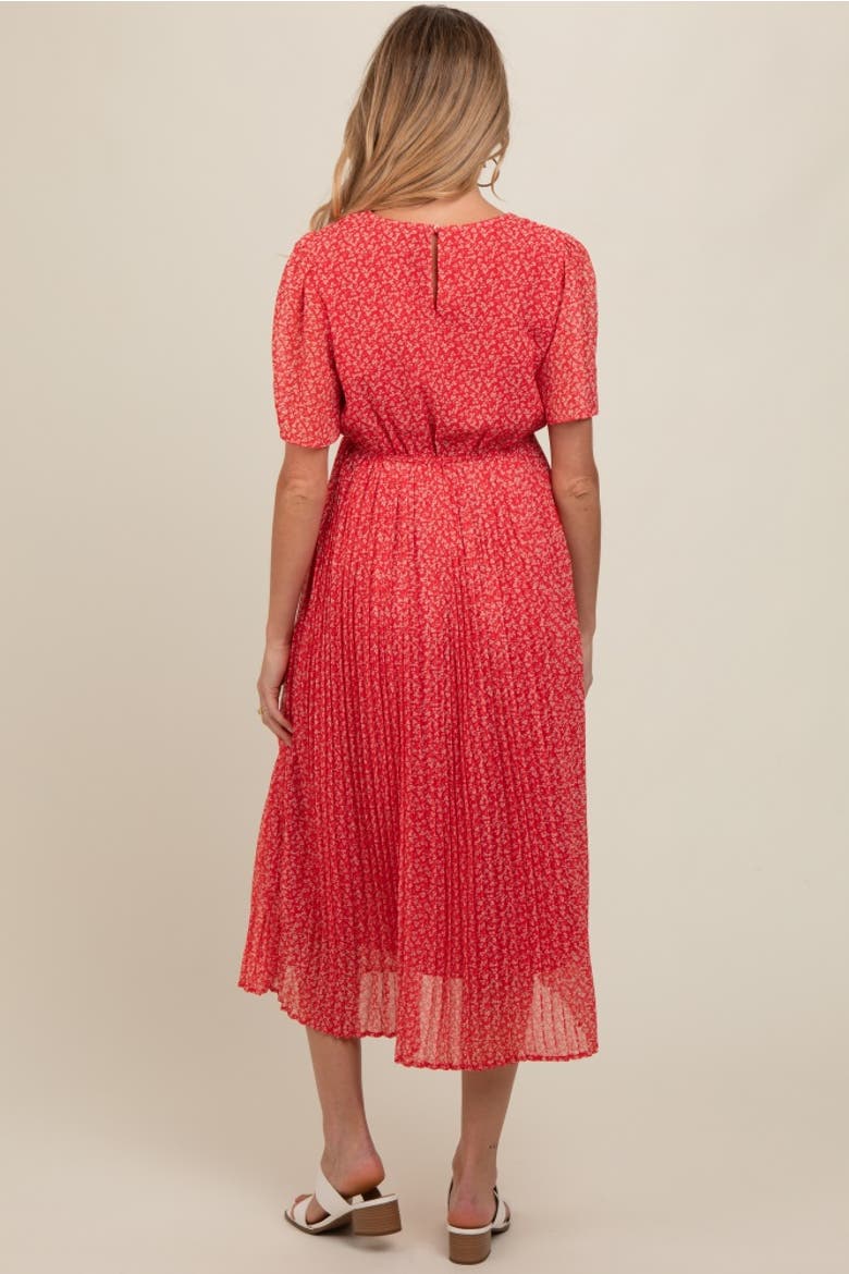 Floral Pleated Midi Dress, Alternate, color, Red