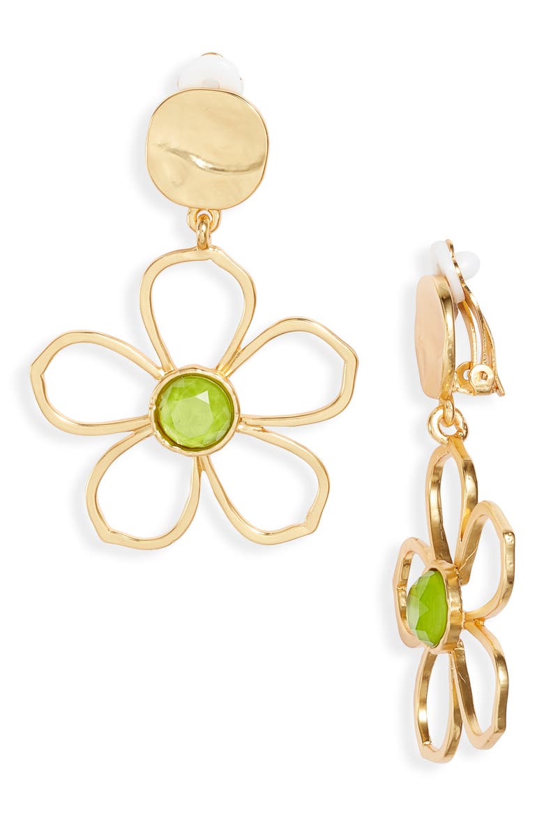 Bloom Drop Clip-On Earrings, Main, color, GOLD/ GREEN