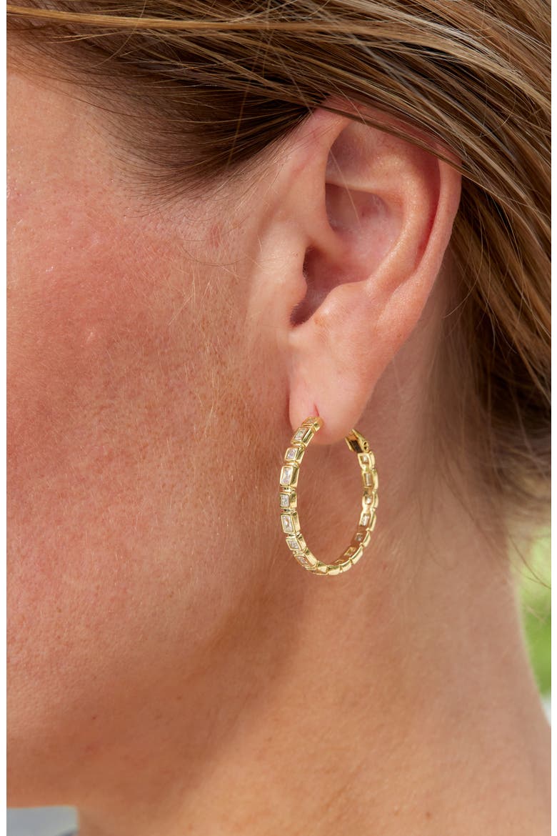 14K Gold Plated Bezel Cubic Zirconia Hoop Earrings, Alternate, color, YELLOW