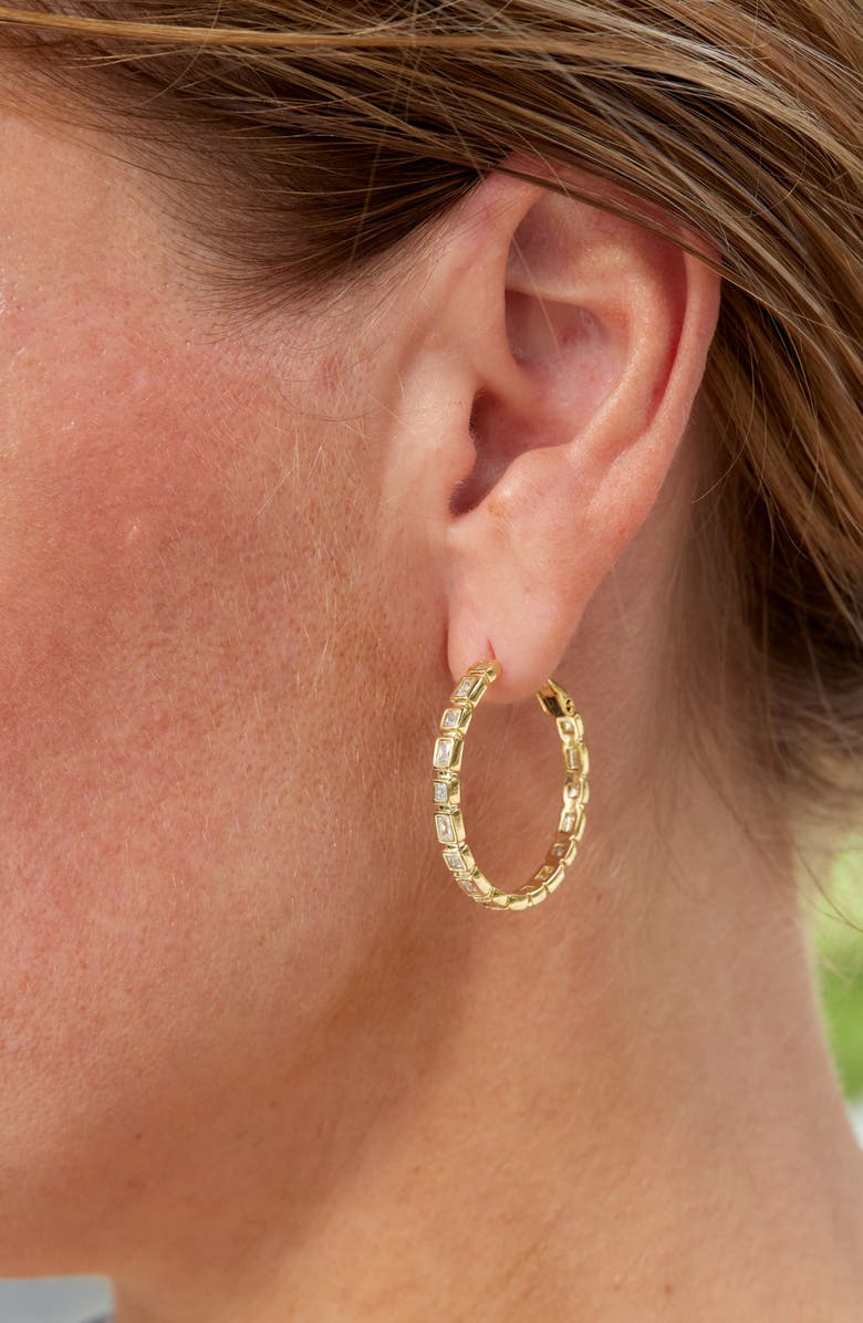 SAVVY CIE JEWELS 14K Gold Plated Bezel Cubic Zirconia Hoop Earrings, Alternate, color, Yellow