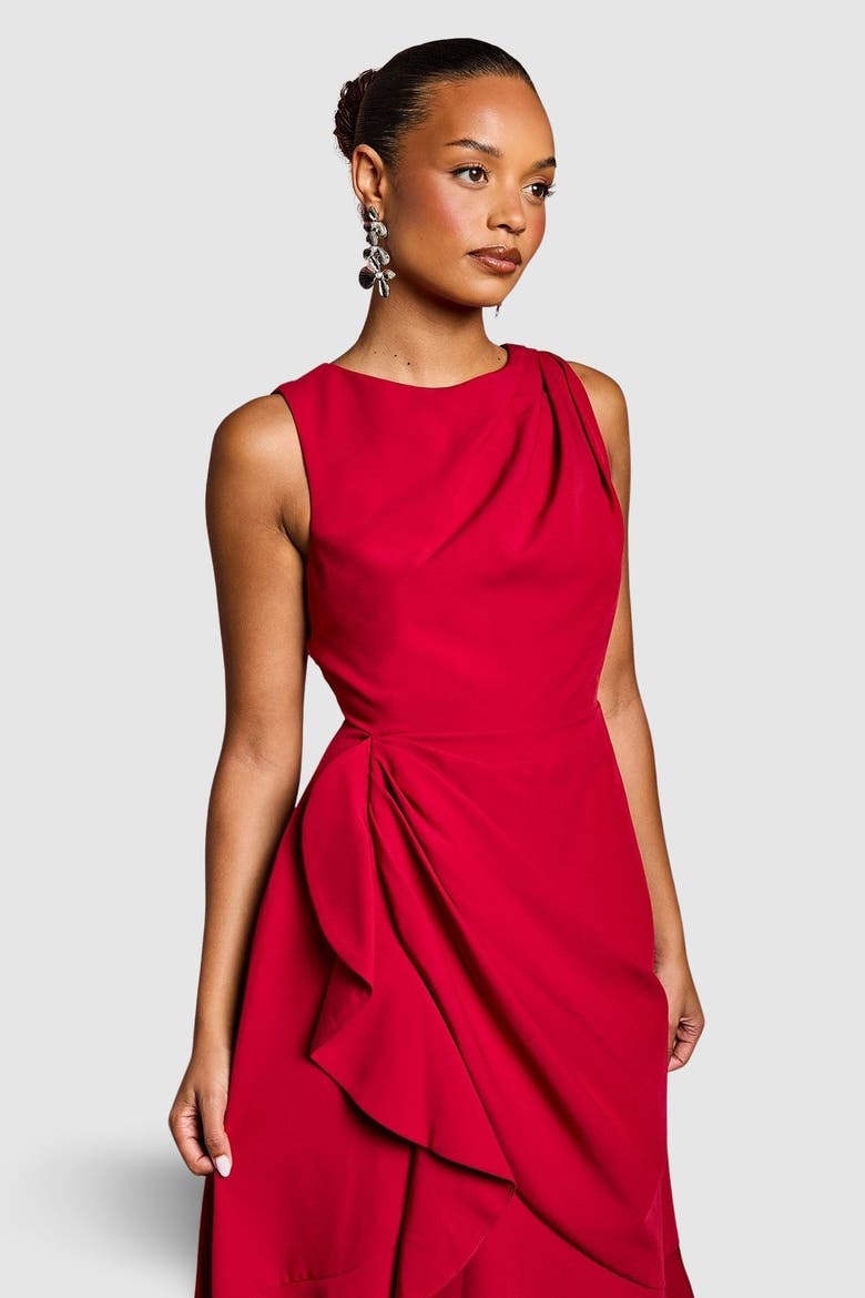 Petite Crepe Ruffle Low Back Dress, Alternate, color, Berry