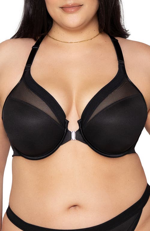 Shop Curvy Couture Sheer Mesh Front Clasp Racerback Underwire Bra In Black Hue