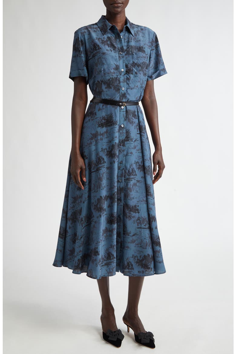Kiera Print Silk Shirtdress, Main, color, STEEL BLUE