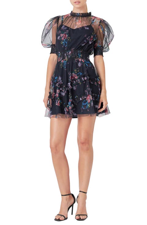 Floral Ruffle Puff Sleeve Mesh Minidress