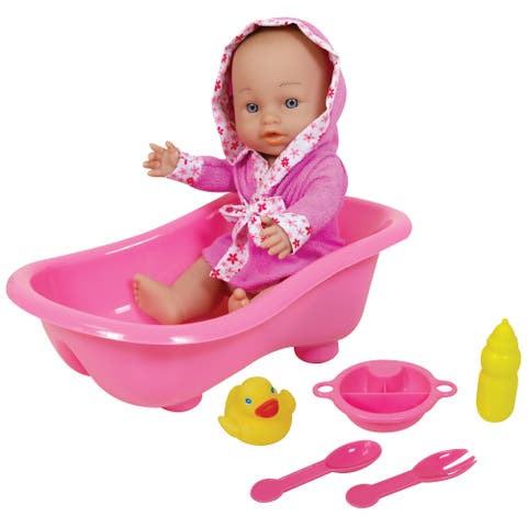 11 Inch Baby Doll & Bathtub Set, Pink, Water Safe Hard Body, Accessories