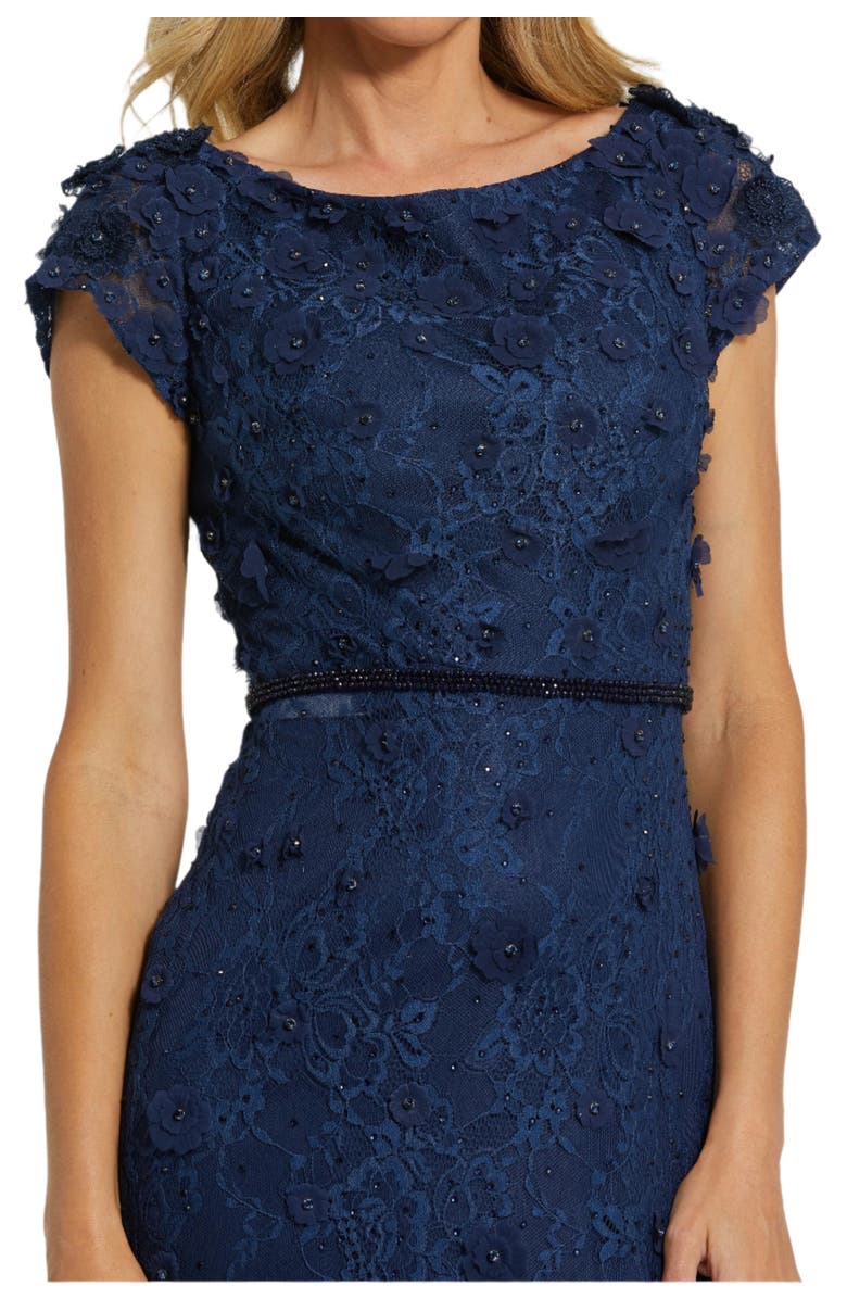 Mac Duggal Floral Applique Boat Neck Short Sleeve Gown, Alternate, color, Midnight