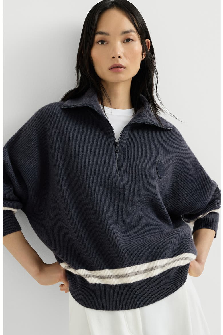 Cashmere English rib turtleneck sweater with half-zip and logo, Alternate, color, Navy Blue