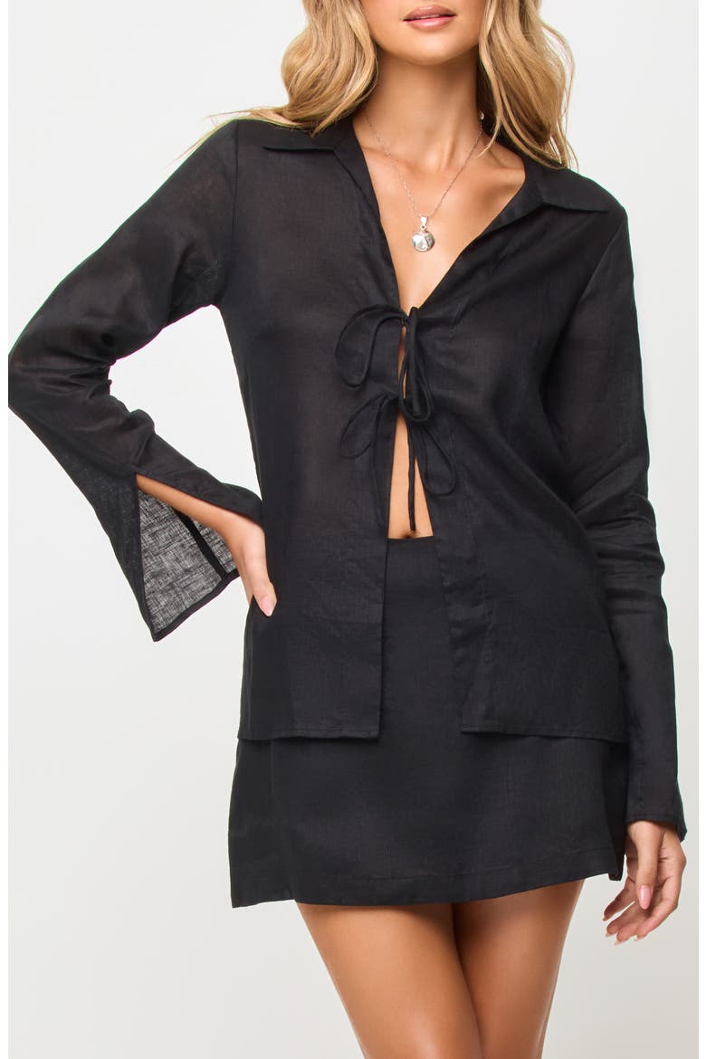 Venice Tie Front Linen Cover-Up Shirt, Main, color, BLACK