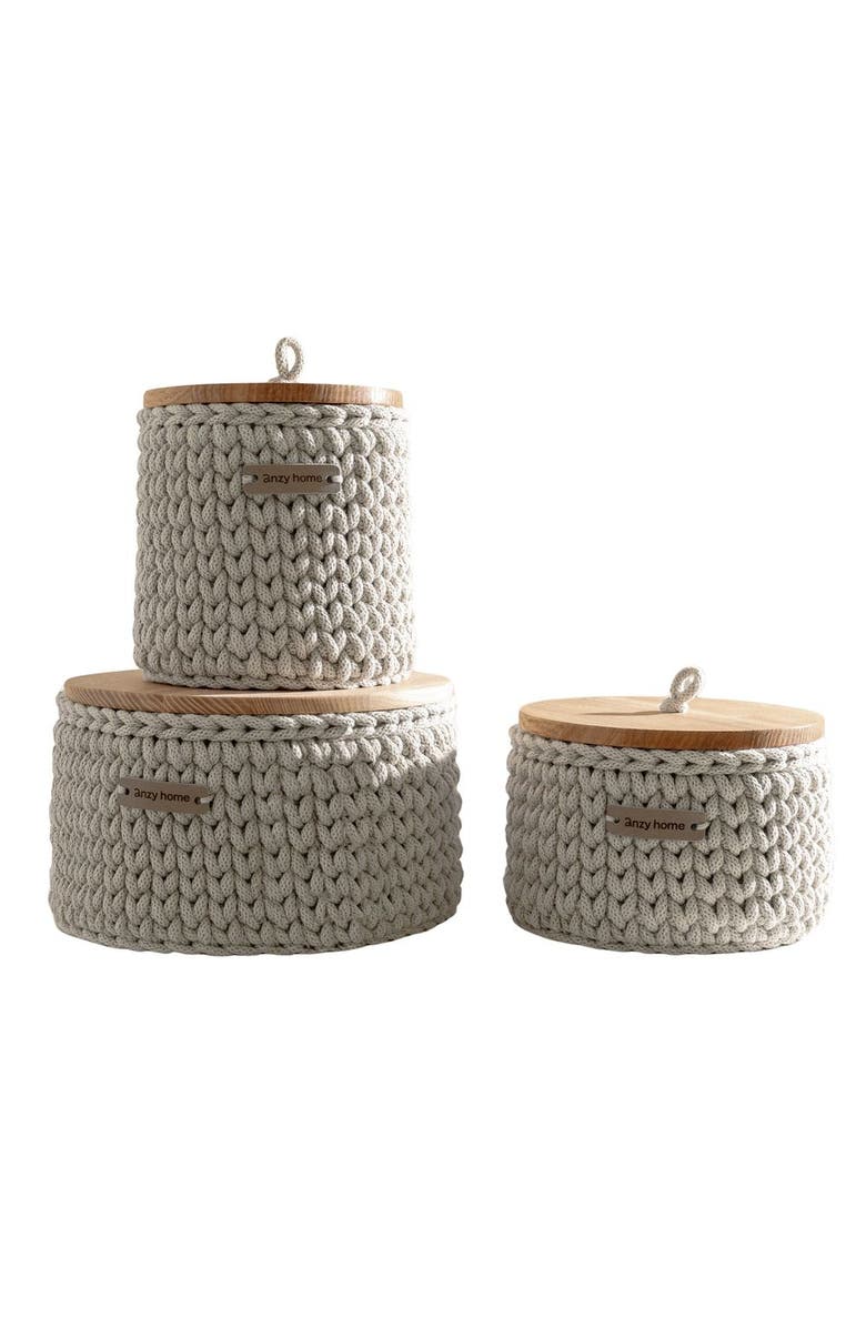 Anzy Home Round Storage Baskets w/ Wooden Lid Recycled - Set of 3, Main, color, Silver Cord