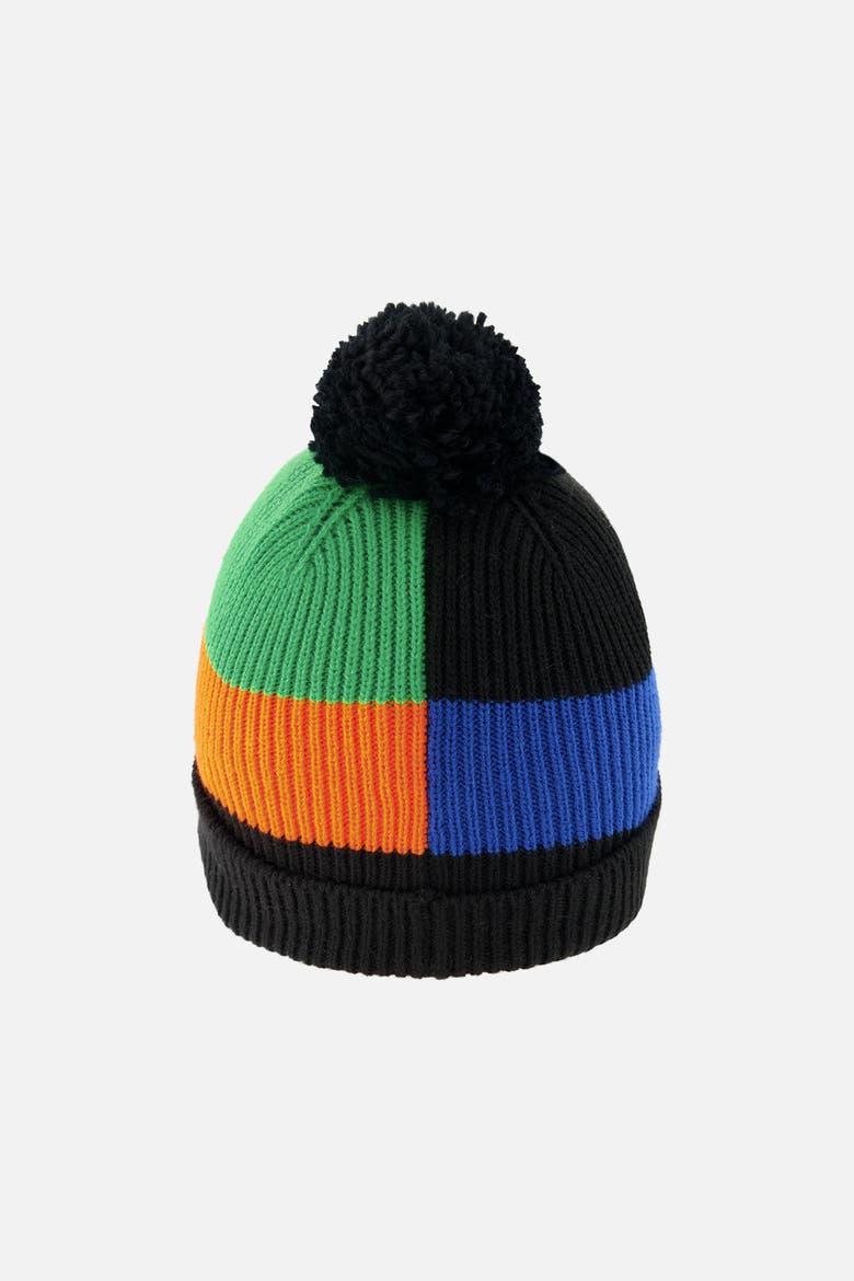 Colorblock Ribbed Cuff Knit Hat with Pompom, Alternate, color, Black, Blue, Green & Orange