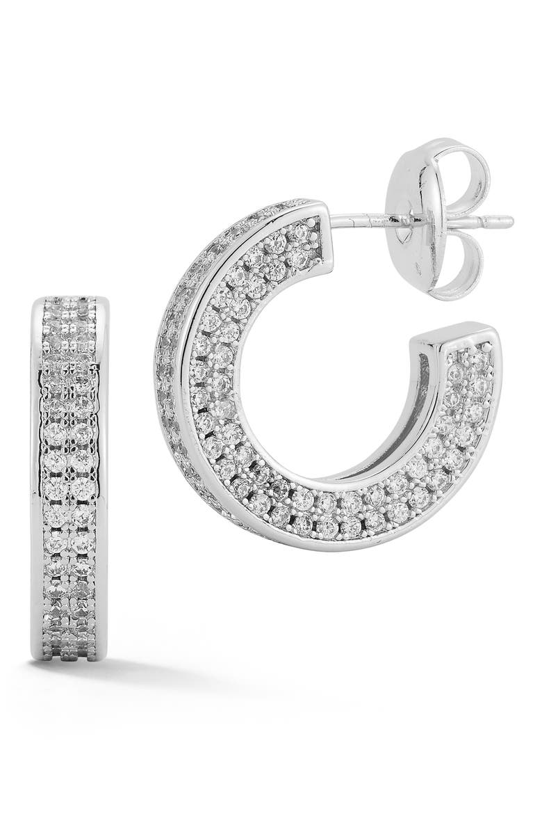 Pavé Cubic Zirconia Square Tube Huggie Hoop Earrings, Main, color, SILVER