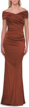 La Femme Off-the-Shoulder Ruched Satin Evening Gown