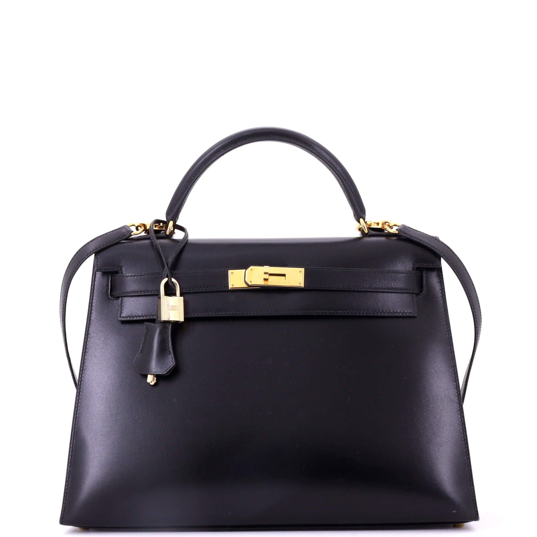 Pre-Owned Hermes Kelly Handbag Black Box Calf with Gold Hardware 32, Main, color, Noir