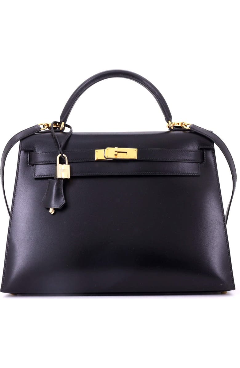 Pre-Owned Hermes Kelly Handbag Black Box Calf with Gold Hardware 32, Main, color, Noir