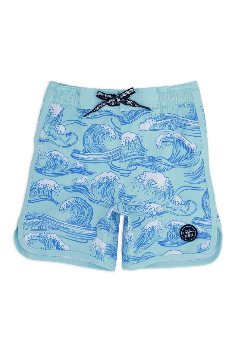 Kids' Wave Print Scallop Board Shorts, Main, color, CANAL BLUE