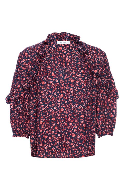 Cali Floral Ruffle Trim Silk Top