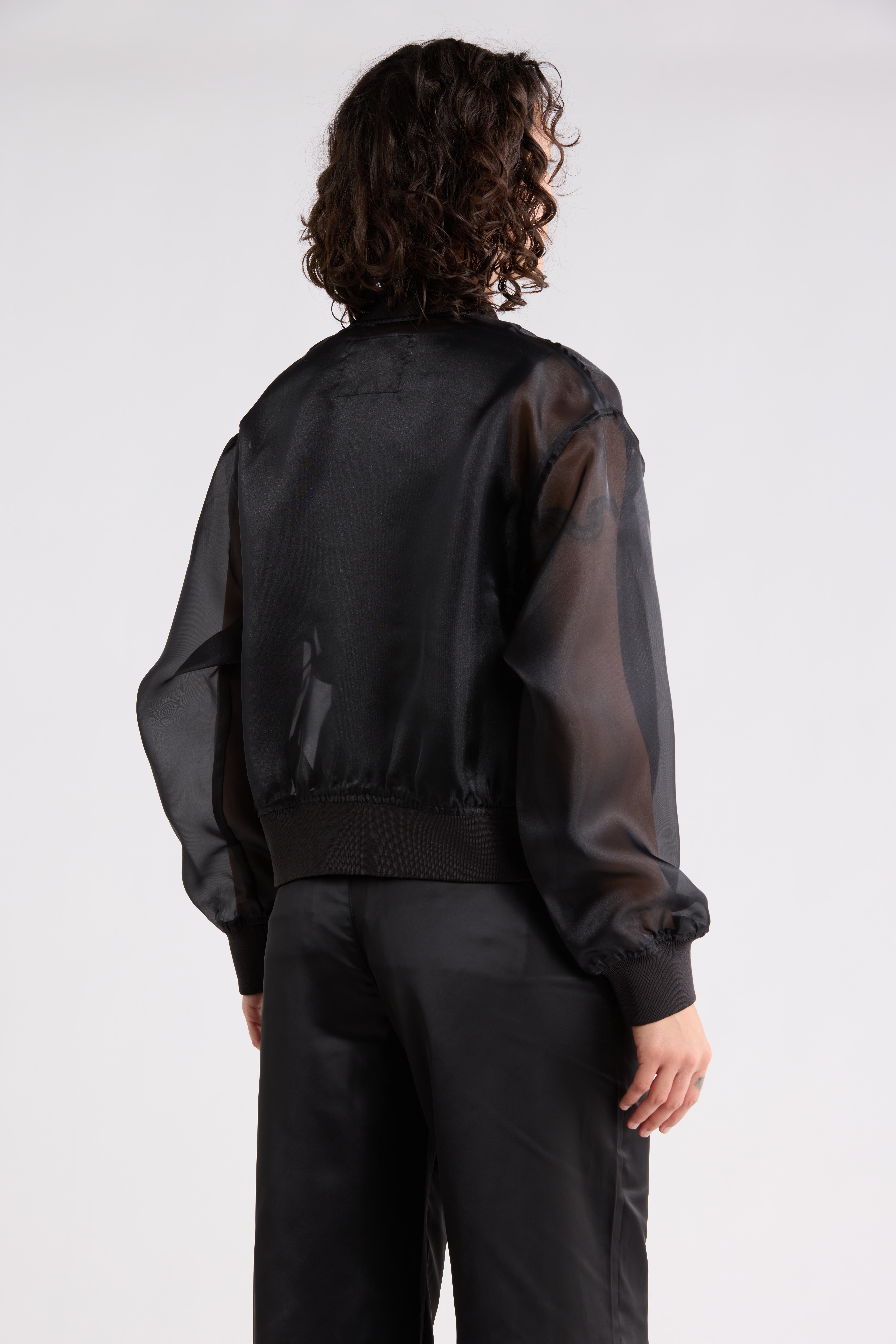 Cropped Bomber Jacket with Sheer Organza Sleeves